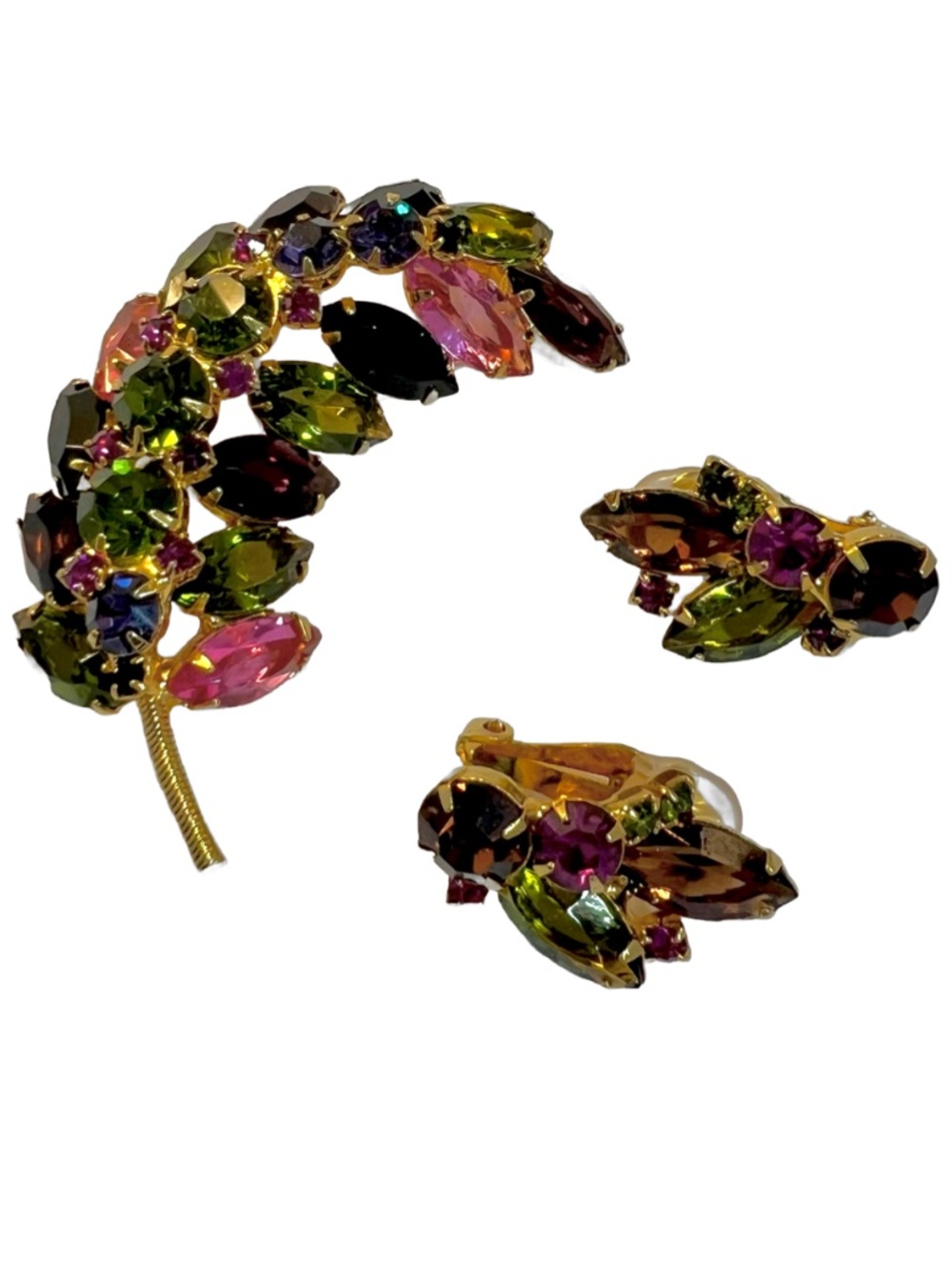 Juliana Brooch and Earrings, Purple Pink Green